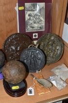 TWO CANNON BALLS, A SMALL QUANTITY OF MUSKET BALLS, REPLICA SEALS, ETC, the cast iron cannon balls