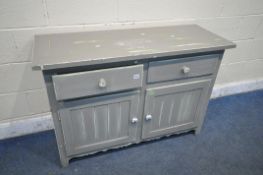 A PAINTED SIDEBOARD, with two drawers and cupboard doors, width 118cm x depth 45cm x height 81cm (