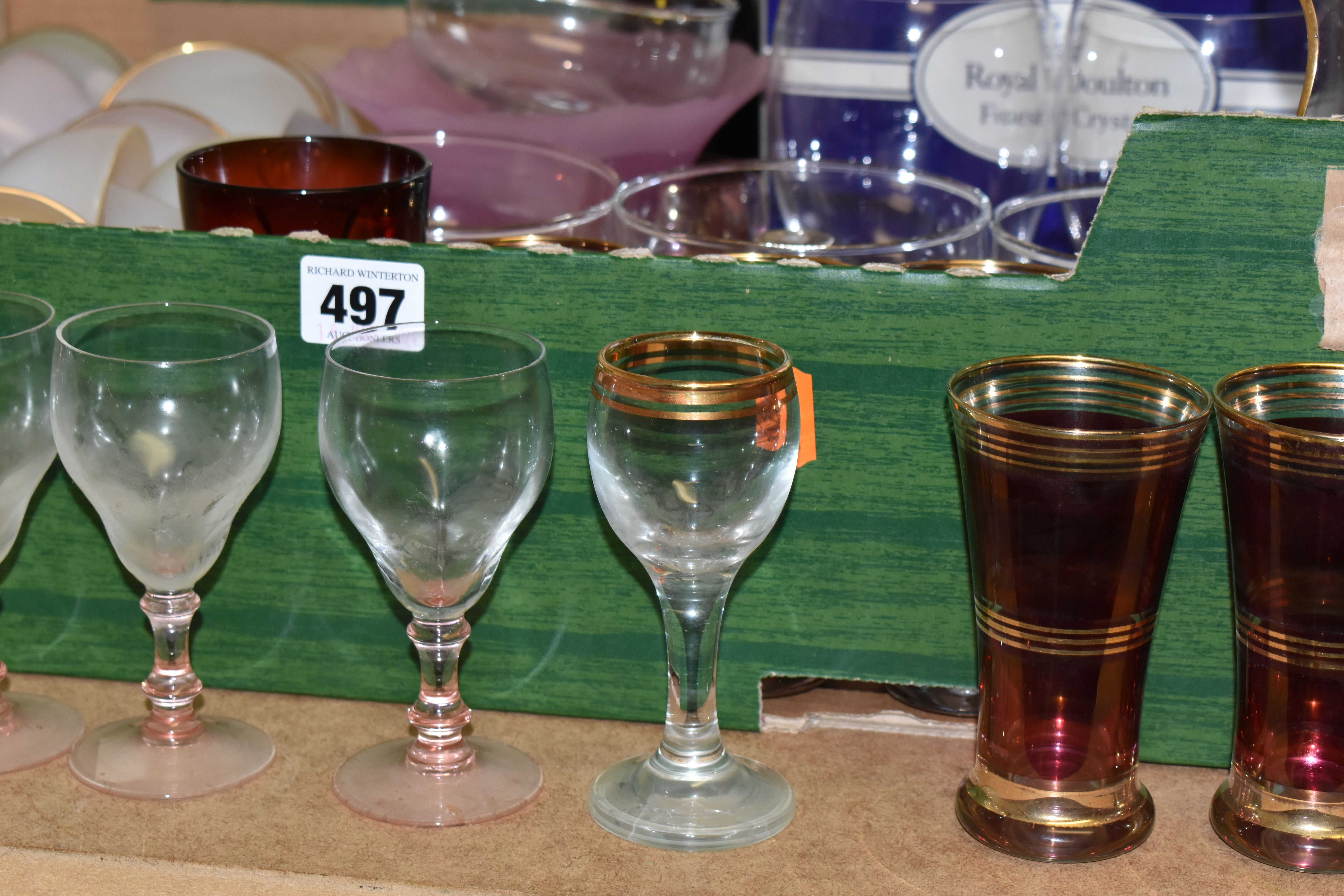 FOUR BOXES OF ASSORTED MID-CENTURY GLASSWARE, to include a quantity of Arcopal 'Harlequin cups and - Image 3 of 9