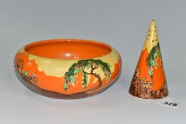 A WILKINSON 'MEMORY LANE' DESIGN BOWL AND SUGAR SIFTER, decorated with a stylised tree and flowers