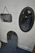 A BRASS FRAMED BEVELLED EDGE WALL MIRROR, 41cm x 85cm, and two frameless mirrors, one mirror with an