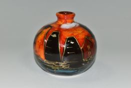 AN ANITA HARRIS ART POTTERY BULBOUS VASE, hand painted black and orange Potteries design, gilt