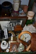 TWO BOXES AND LOOSE TREEN, CERAMICS, GLASS, PICTURES AND SUNDRY ITEMS, to include a writing slope,