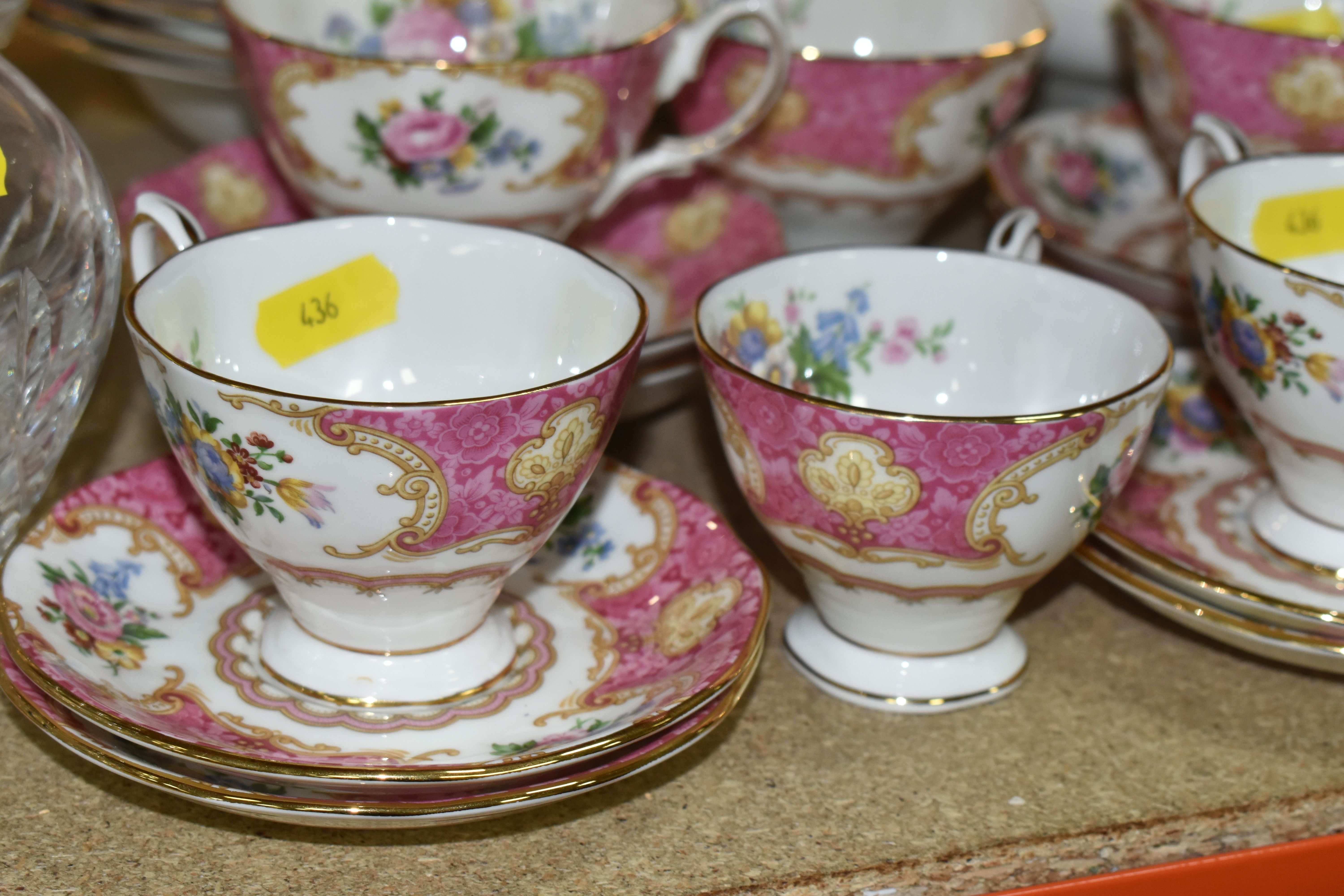 A ROYAL ALBERT 'LADY CARLYLE' SIX PLACE PART DINNER SERVICE, comprising tea cups and saucers, coffee - Image 5 of 9