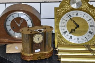 A GILT METAL LONGCASE CLOCK MOVEMENT AND TWO MANTEL CLOCKS, comprising a Rapport of London