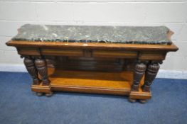 A LATE 19TH / EARLY 20TH CENTURY OAK SIDE UNIT, with green marble top, raised on four turned