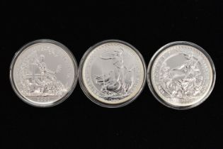 A PACKET OF THREE SILVER COINS, to include Britannia One Ounce Silver Proof 2000, a 2005 Silver