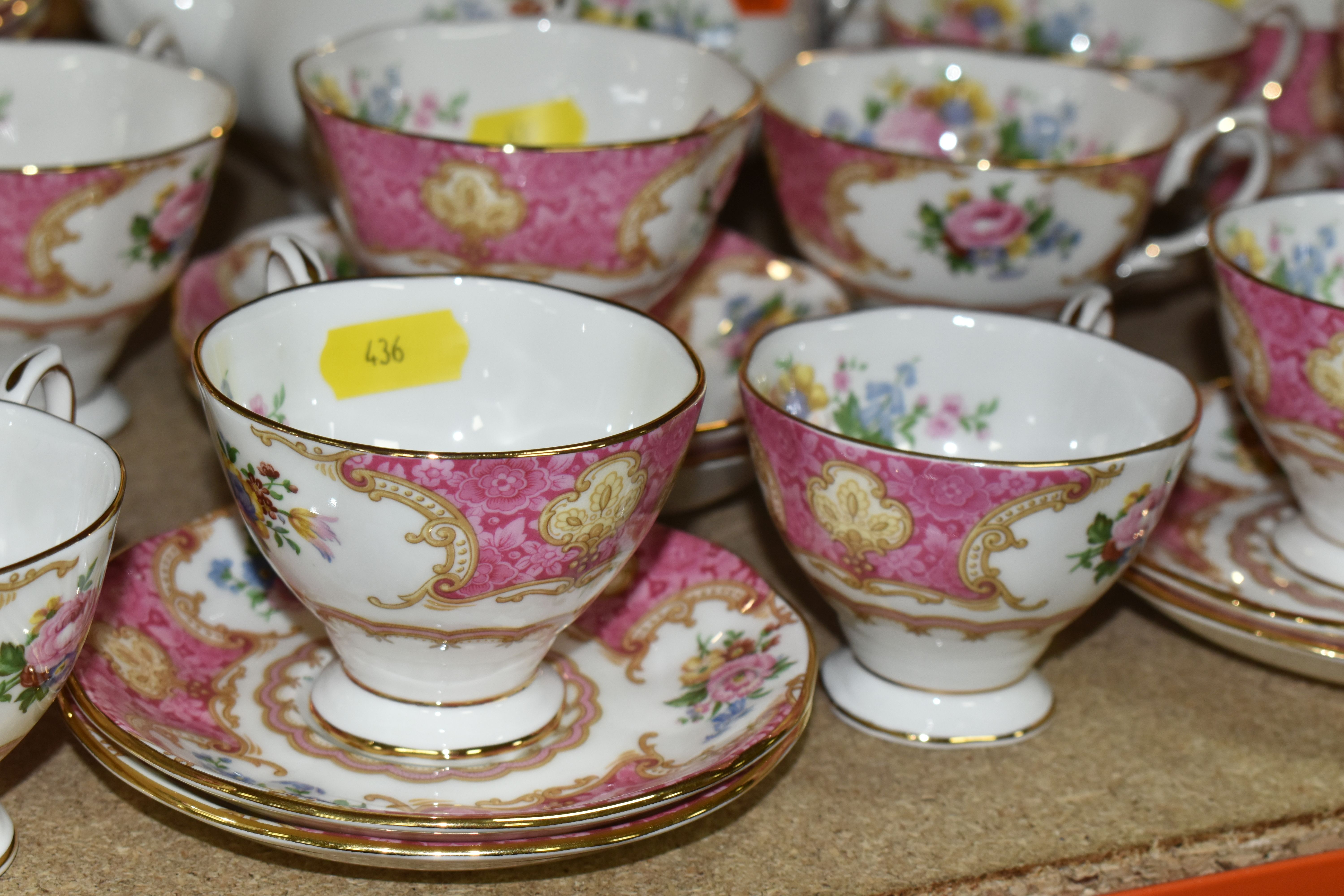 A ROYAL ALBERT 'LADY CARLYLE' SIX PLACE PART DINNER SERVICE, comprising tea cups and saucers, coffee - Image 6 of 9