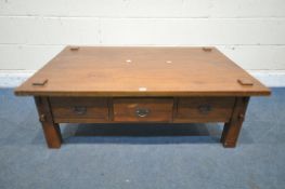 A HARDWOOD COFFEE TABLE, with three drawers each side, width 120cm x depth 79cm x height 41cm (
