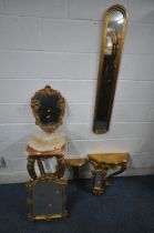 A GILT FRAME MARBLE EFFECT TOP LAMP TABLE, with scrolled and foliate legs, 35cm squared x height