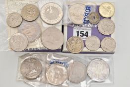 A SMALL BOX OF COINS AND COMMEMORATIVES, to include a 1986 1oz Silver Walking Liberty, 3x Five pound