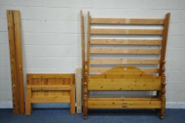 A MODERN PINE 4FT6 BEDSTEAD, with bolts, along with a single pine headboard (condition report: