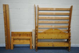 A MODERN PINE 4FT6 BEDSTEAD, with bolts, along with a single pine headboard (condition report: