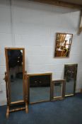 A VARIETY OF WALL MIRRORS, to include a pine cheval mirror, width 53cm x depth 39cm x height