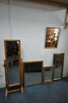 A VARIETY OF WALL MIRRORS, to include a pine cheval mirror, width 53cm x depth 39cm x height