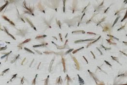 A DISPLAY BOX OF SALMON AND TROUT FLIES, a quantity of flies are mounted into a glass topped display