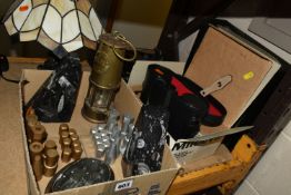 A BOX AND LOOSE ASSORTED SUNDRY ITEMS, comprising a set of modernist style aluminium chess pieces,