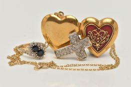THREE ITEMS OF JEWELLERY, to include a yellow metal diamond pave set cross pendant, stamped 9k, (