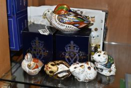 FIVE ROYAL CROWN DERBY PAPERWEIGHTS, four with boxes, comprising 'Teal', Collectors Club 'Teal Duck'