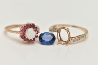 TWO 9CT GOLD GEM SET RINGS, the first a circular cluster set with a central opal (chipped) claw