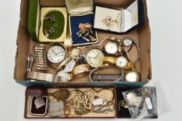 A BOX OF ASSORTED WATCHES AND JEWELLERY, to include an open face 'Smiths Empire' pocket watch and an