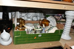 FOUR BOXES AND LOOSE CERAMICS AND GLASS WARE, to include five pieces of Mason's Chartreuse including