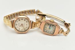 TWO 9CT GOLD LADIES WRISTWATCHES, the first a hand wound movement, square mother of pearl dial,