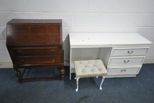 A WHITE DRESSING TABLE, fitted with three drawers, a dressing stool, along with a 20th century oak