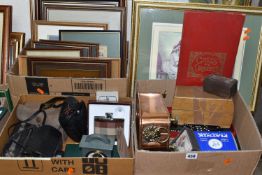 THREE BOXES OF FRAMED PRINTS AND SUNDRIES, comprising a copper and brass planter, wooden chess