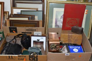 THREE BOXES OF FRAMED PRINTS AND SUNDRIES, comprising a copper and brass planter, wooden chess