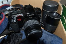 A BOX OF VINTAGE PHOTOGRAPHIC EQUIPMENT ETC, to include a Canon EOS 10QD 35mm SLR camera, fitted
