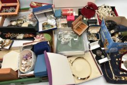 A BOX OF ASSORTED COSTUME JEWELLERY, to include a white metal and marcasite floral brooch, stamped