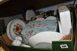 THREE BOXES OF CERAMICS AND GLASSWARE, to include a cased Cath Kids breakfast set, a mid-century