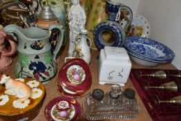 A GROUP OF CERAMICS, METAL WARE AND GLASS, to include a German salt glazed pottery ring jug,