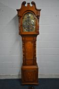 AN EARLY 20TH CENTURY OAK CASED EIGHT DAY LONGCASE CLOCK, with twin swan neck pediment, turned