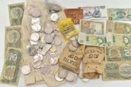 A LARGE CARDBOARD BOX CONTAINING COINS AND COMMEMORATIVES, to include Banknotes Austria 1940s 5x