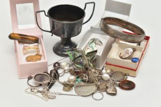 ASSORTED SILVER AND WHITE METAL JEWELLERY, to include a small silver trophy cup hallmarked