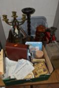 TWO BOXES OF METALWARE, TREEN AND SUNDRIES, to include a large collection of Worldwide herbal teabag