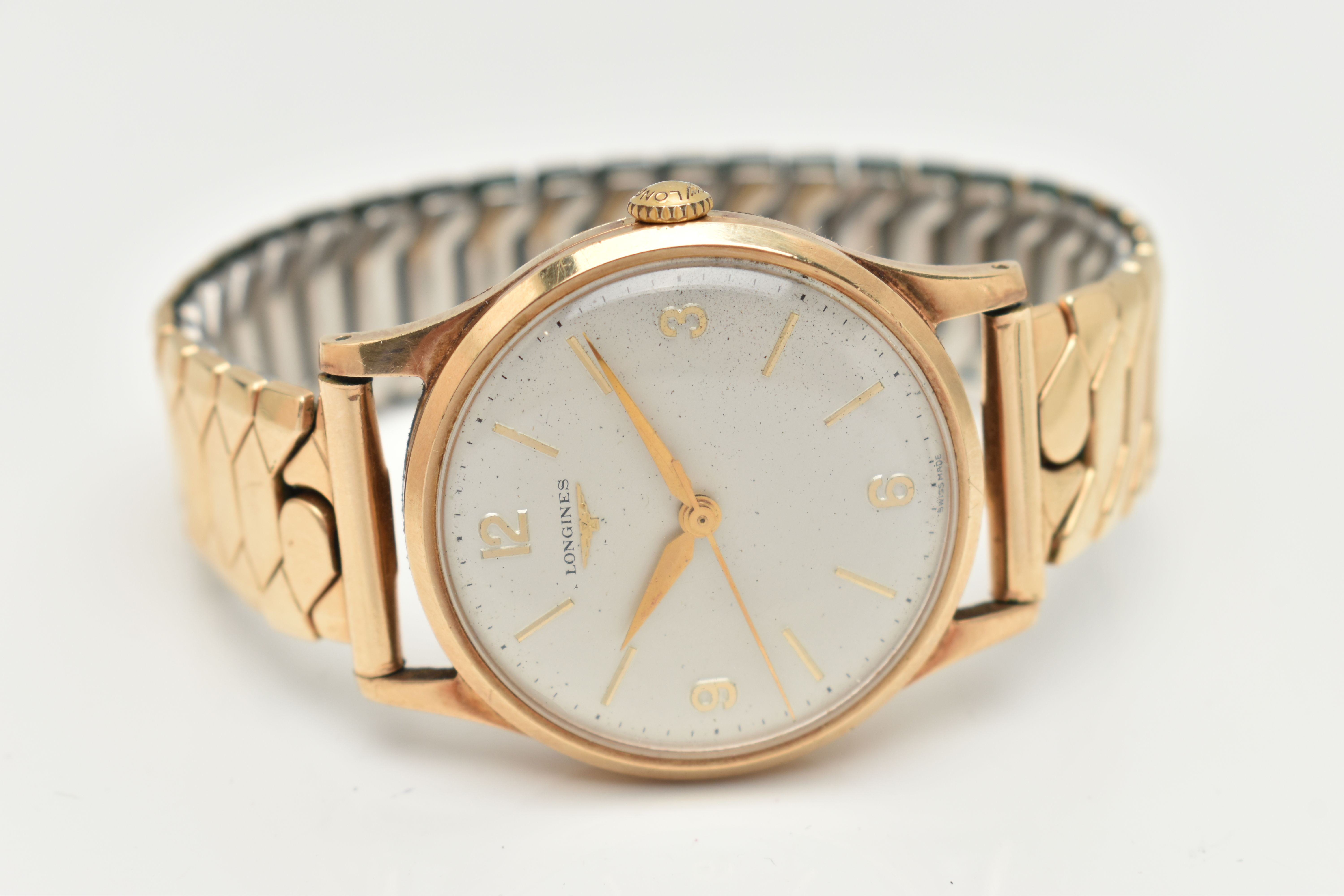 A GENTS 9CT GOLD 'LONGINES' WRISTWATCH, manual wind, round silver dial signed 'Longines', Arabic - Image 4 of 6