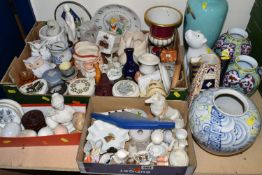 THREE BOXES AND LOOSE ORNAMENTS, three porcelain pin dolls, seven stone 'eggs', a Wedgwood 'Peter