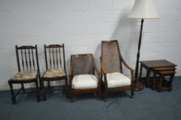 A SELECTION OF 20TH CENTURY OAK FURNITURE, to include a pair of Priory oak dining chairs, two cane
