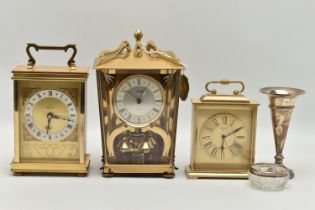 A SILVER POSY VASE, SALT AND THREE CARRIAGE CLOCKS, tapered polished posy vase on a round weighted