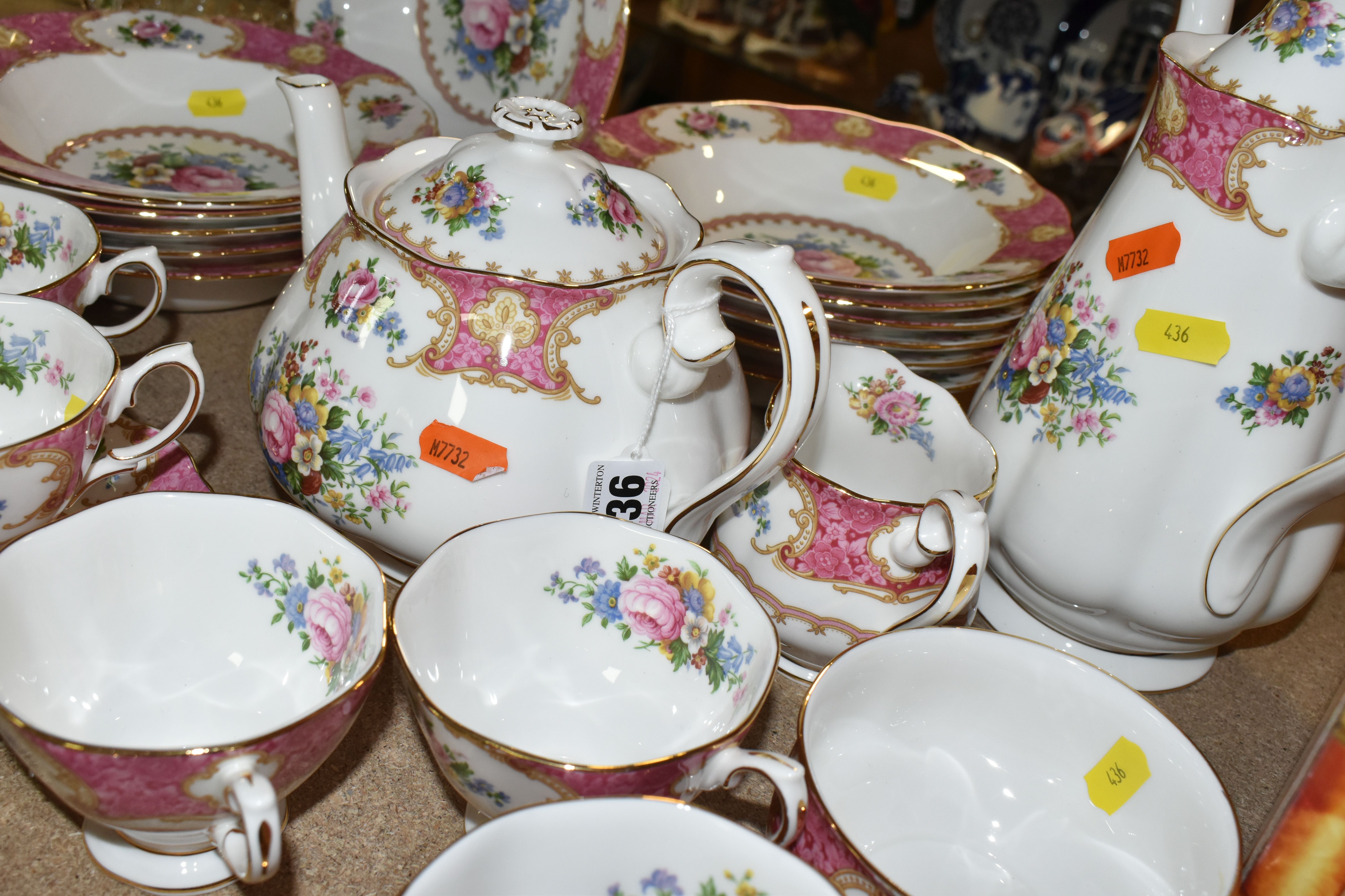 A ROYAL ALBERT 'LADY CARLYLE' SIX PLACE PART DINNER SERVICE, comprising tea cups and saucers, coffee - Image 9 of 9
