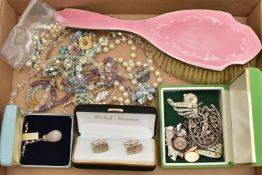 A BOX OF ASSORTED ITEMS, to include a silver hairbrush with pink enamel detail, hallmarked