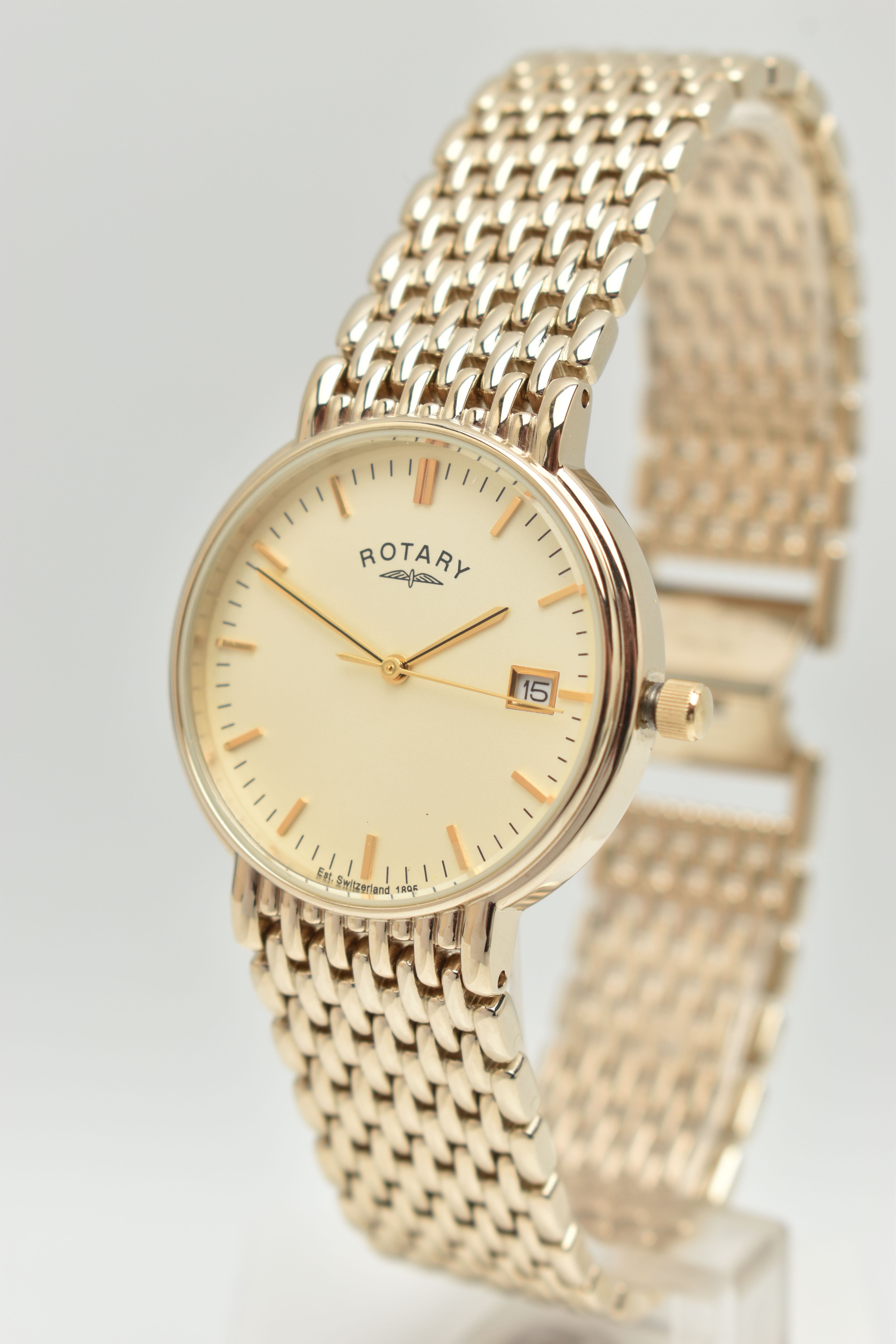 A BOXED 'ROTARY' WRISTWATCH, quartz movement, round gold dial signed 'Rotary', baton makers, date - Image 3 of 6