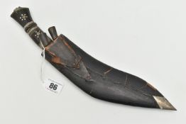 A KUKRI KNIFE, with a horn handle in a leather sheaf with two additional inset knives, approximate