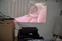 A AWOL LTV3000 PRO 4K TRI-CHROMA LASER PROJECTOR AND 120in VINYL SCREEN IN FRAME with emote and
