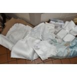 TWO BOXES OF VINTAGE TABLE LINEN ETC, to include plain, embroidered and lace trimmed examples,