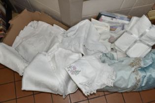 TWO BOXES OF VINTAGE TABLE LINEN ETC, to include plain, embroidered and lace trimmed examples,