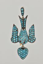 A VICTORIAN YELLOW AND WHITE METAL, TURQUOISE SET SWALLOW PENDANT, the body of the swallow set